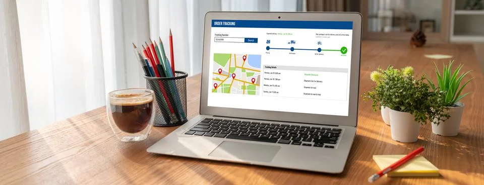 Delivery tracking system for e-commerce and modish online business Stock Photos