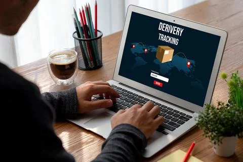 Delivery tracking system for e-commerce and modish online business Stock Photos