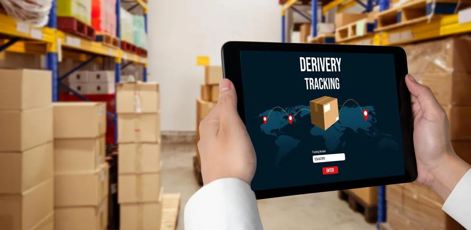 Delivery tracking system for e-commerce and modish online business Stock Photos