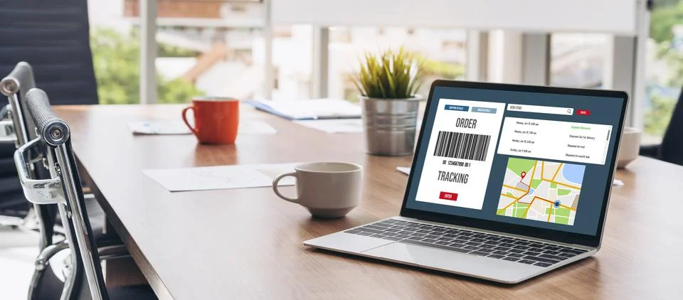 Delivery tracking system for e-commerce and modish online business Stock Photos