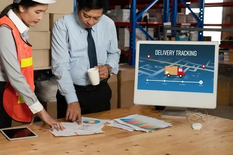 Delivery tracking system for e-commerce and modish online business Stock Photos