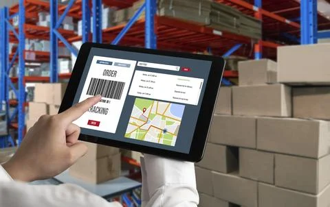 Delivery tracking system for e-commerce and modish online business Stock Photos