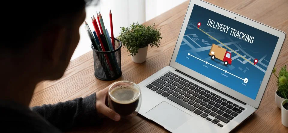 Delivery tracking system for e-commerce and modish online business Stock Photos