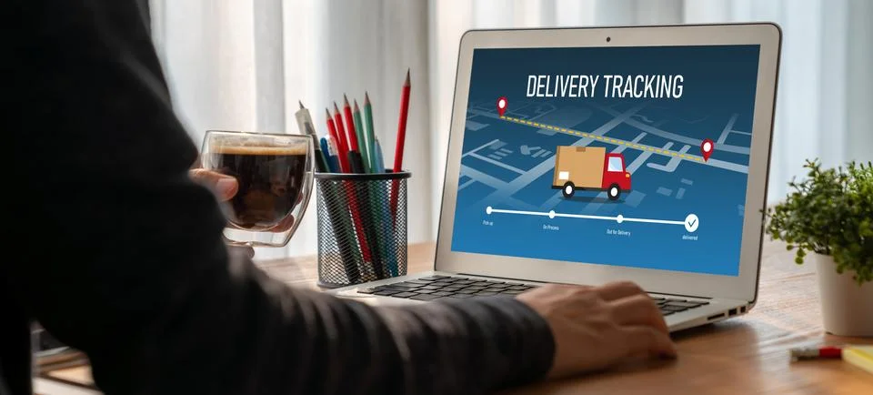Delivery tracking system for e-commerce and modish online business Stock Photos