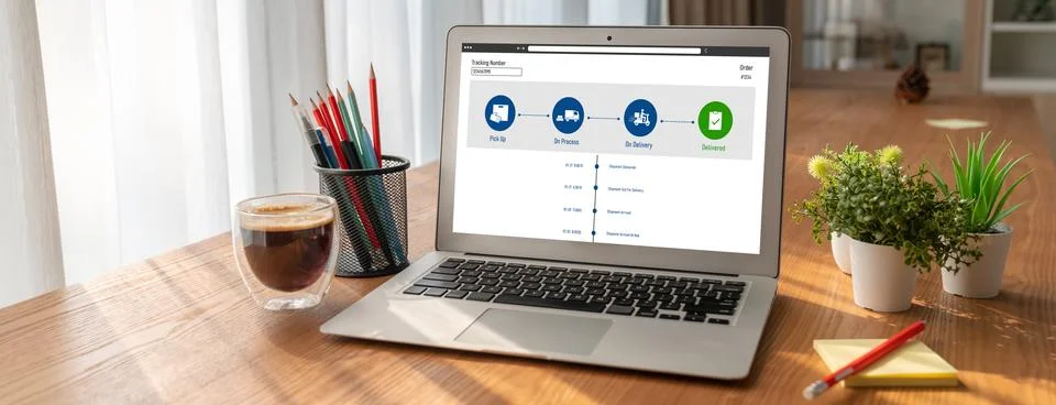 Delivery tracking system for e-commerce and modish online business Stock Photos