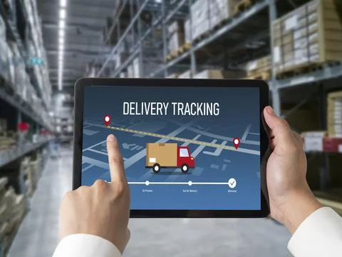 Delivery tracking system for e-commerce and modish online business Stock Photos