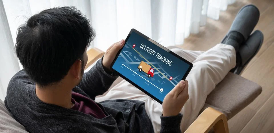 Delivery tracking system for e-commerce and modish online business Stock Photos