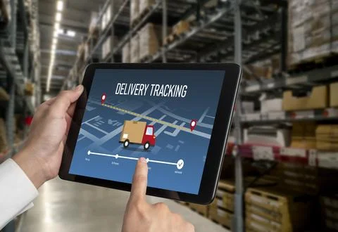 Delivery tracking system for e-commerce and modish online business Stock Photos
