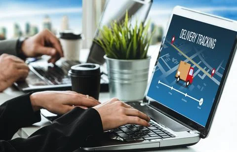 Delivery tracking system for e-commerce and modish online business Stock Photos