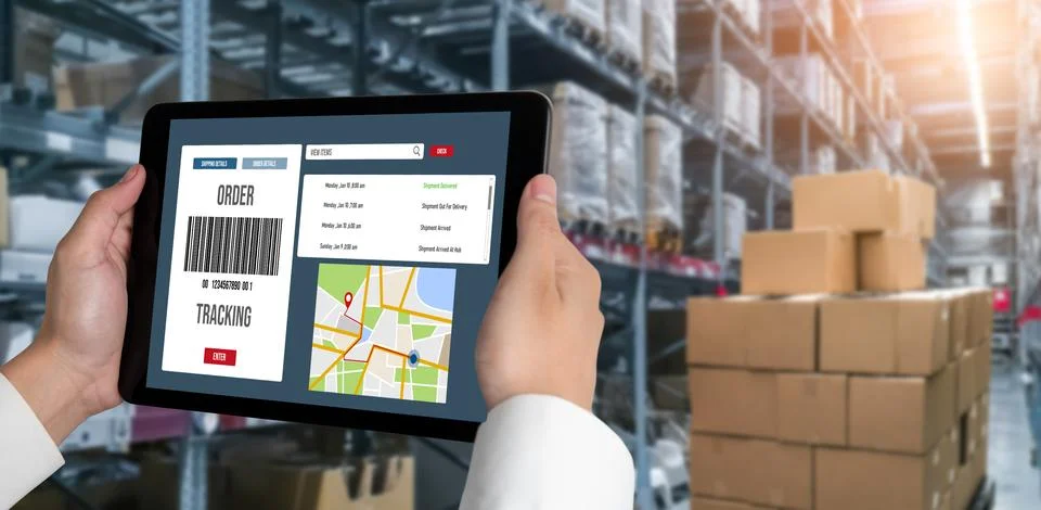 Delivery tracking system for e-commerce and modish online business Stock Photos