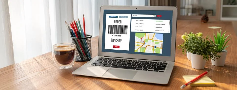 Delivery tracking system for e-commerce and modish online business Stock Photos