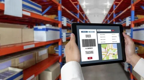 Delivery tracking system for e-commerce and modish online business Stock Photos