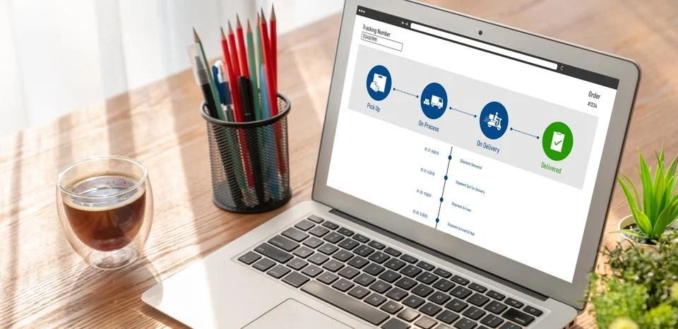 Delivery tracking system for e-commerce and modish online business Stock Photos