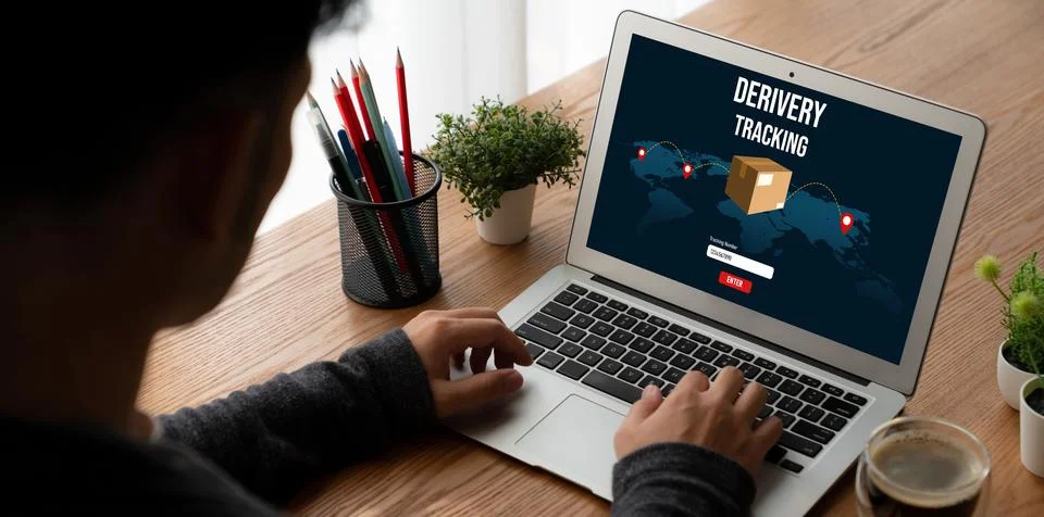 Delivery tracking system for e-commerce and modish online business Stock Photos