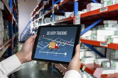 Delivery tracking system for e-commerce and modish online business Stock Photos