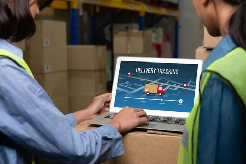 Delivery tracking system for e-commerce and modish online business Stock Photos