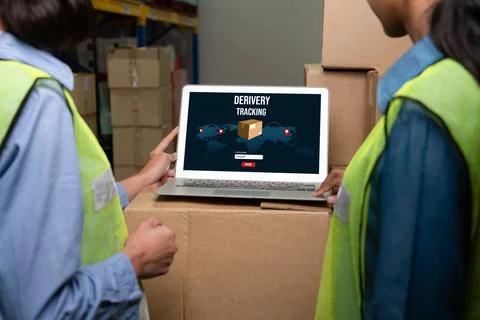 Delivery tracking system for e-commerce and modish online business Stock Photos