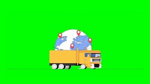 Delivery Trailer With Globe Map and Location Pins Driving Across Background Vidéo 333372643