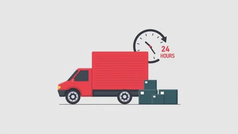 Delivery Truck with 24 Hour Clock. 24 Hour Shipping Animation - Transparent Stock Footage 334804966