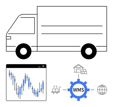 Delivery truck, data analytics graph, warehouse, conveyor belt, logistics, an Stock Illustration