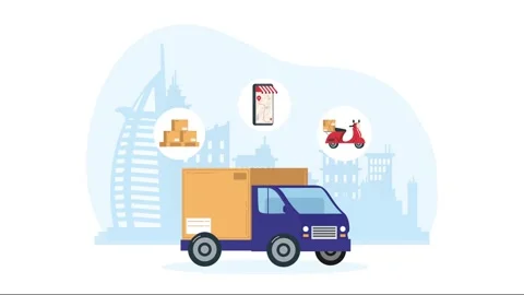 Delivery truck in motion with boxes, online shop location on smartphone, an.. Stock Footage 334092401