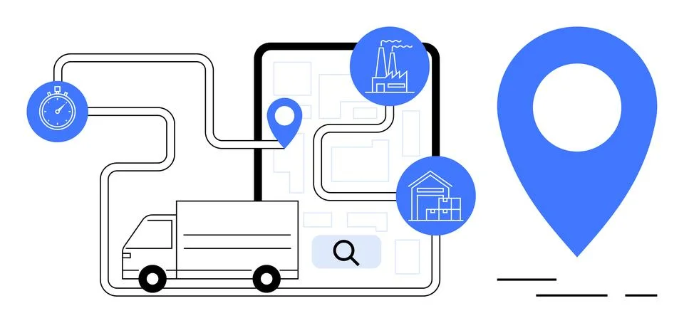 Delivery truck navigating using GPS on mobile device, with icons for routes,  Stock Illustration