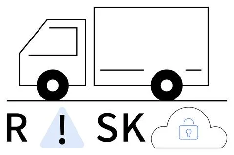 Delivery truck next to a triangle warning sign and a cloud with a lock. Ideal 스톡 일러스트