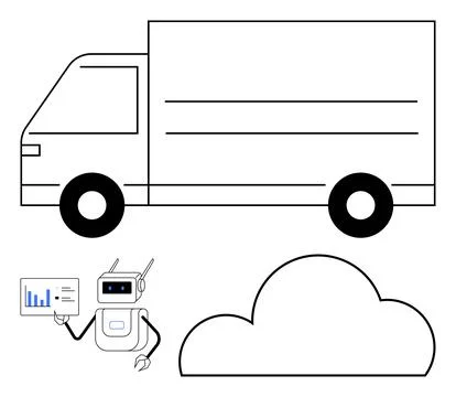 Delivery Truck with Robot Displaying Analytics and Cloud Computing Concept Stock Illustration