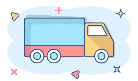 Delivery truck sign icon in comic style. Van vector cartoon illustration on w Stock Illustration