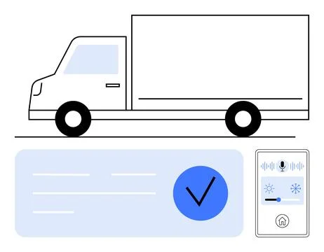 Delivery Truck with Technology Interface Featuring Checkmark and Control Pane Stock Illustration