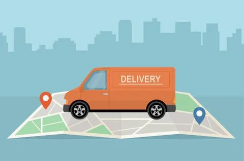 Delivery van and map on city background. Stock Illustration