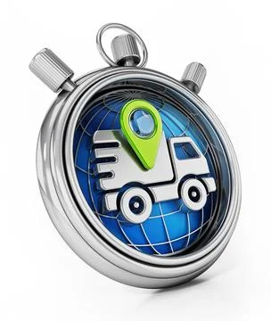 Delivery van and navigation marker on the globe inside the chronometer. 3D... Stock Photos