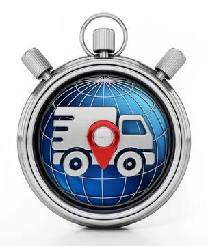 Delivery van and navigation marker on the globe inside the chronometer. 3D... Stock Photos