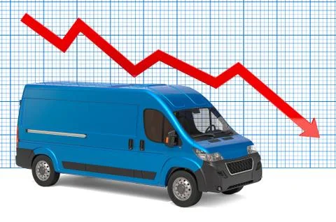 Delivery van with chart arrow down. 3D rendering 库存插图