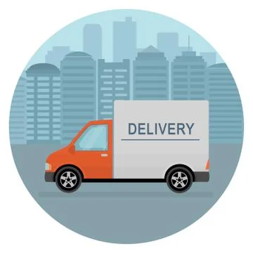 Delivery van on city background. Stock Illustration