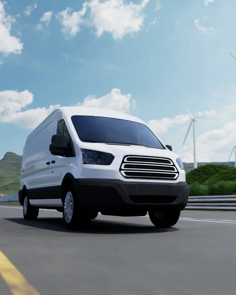 Delivery van driving on highway with wind turbines and solar panels Stock-Footage 331536414