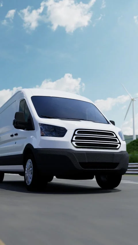 Delivery van driving on highway with wind turbines and solar panels Stock Footage 331536415