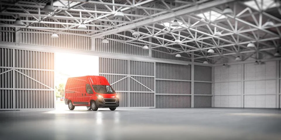Delivery van in empty warehose. Stock Illustration