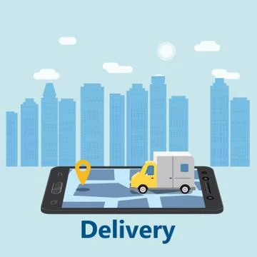 Delivery Van Express concept. Checking delivery service app on mobile phone Stock Illustration