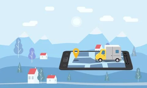 Delivery Van Express concept. Checking delivery service app on mobile phone Stock Illustration