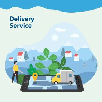 Delivery Van Express concept. Checking delivery service app on mobile phone Stock Illustration