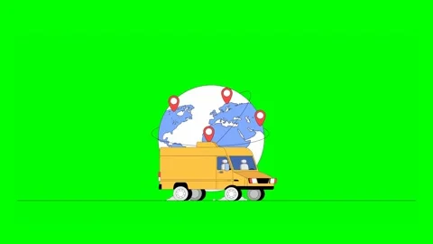 Delivery Van With Globe Map and Location Pins Driving Across Background Video stock 333372648