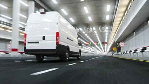 Delivery van moving inside of tunnel. Logistic and delivery concept. Stock Footage 314968415