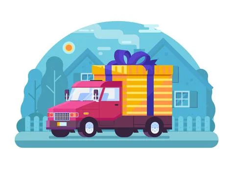 Delivery Van with Parcel in Flat Design Stock Illustration