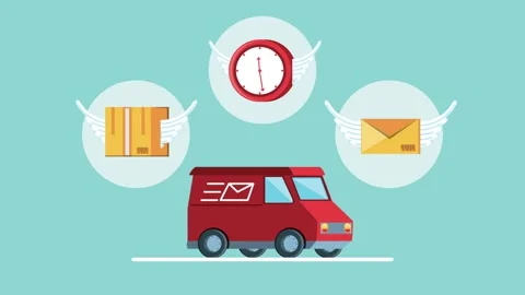 Delivery van transport animated motion graphic with flying clock box and ma.. Stock Footage 333719365