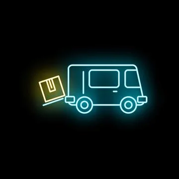 Delivery van transporting package with neon glowing effect 库存插图