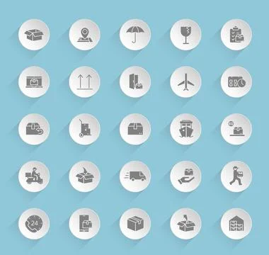 Delivery vector icons on round puffy paper circles Stock Illustration