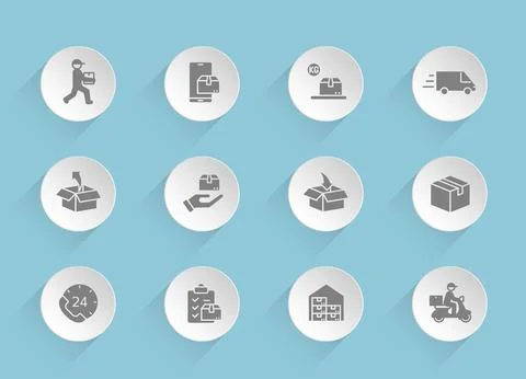 Delivery vector icons on round puffy paper circles Stock Illustration