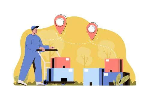 Delivery warehouse concept. Working loader carries parcels on trolley situation Illustrazione stock