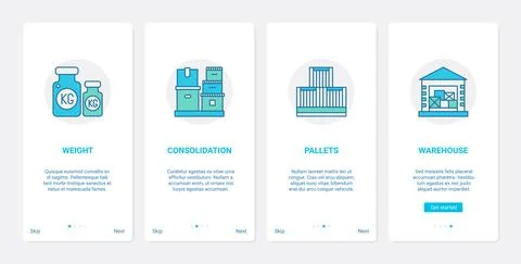 Delivery warehouse service, storage of boxes UX, UI onboarding mobile app page Stockillustratie
